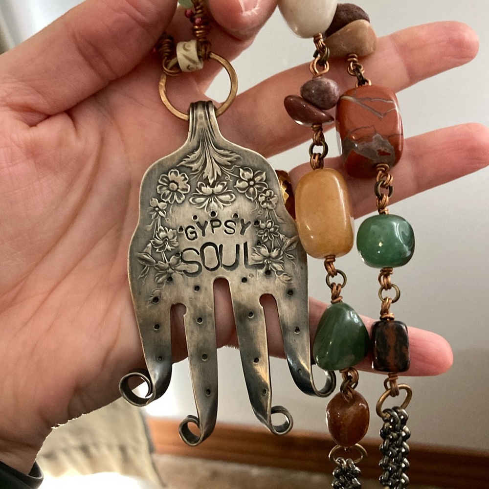 Gypsy Soul Mixed Metals Fork Pendant with Multicolor Stone Beaded Necklace